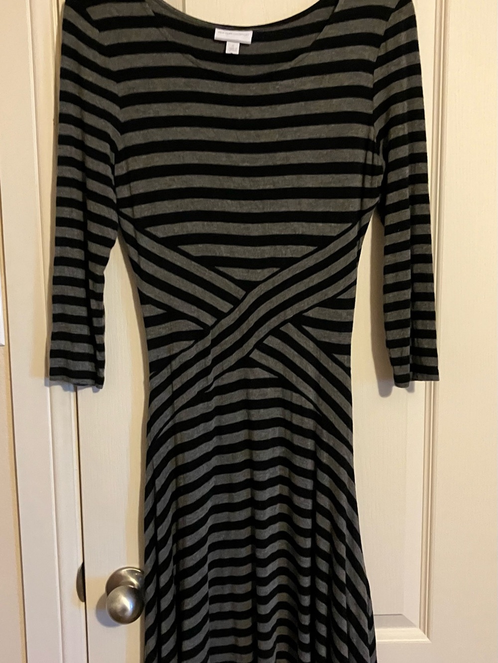 New York & Company Black and Gray Striped Long Sleeve Fit-and-Flare Dress